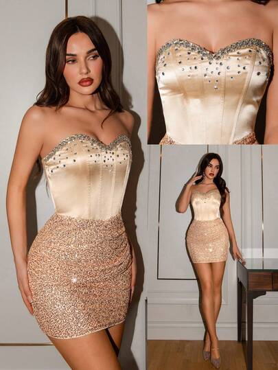 Poshira Women's Sequin Patchwork Faux Fishbone Sequins Strapless Cocktail Dress Bustier Dress Sexy Birthday Dress Champagne Dress Luxury Dress Women Dresses Champagne Rhinestone Dress Short Gold Dress