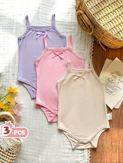 SHEIN Vintaside Kids 3件套女婴休闲可爱彩色吊带连体衣套装，夏季