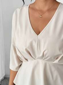 Elenzga Plus Size Women Casual Pleated Design Batwing Short Sleeve Blouse - Apricot - View 6