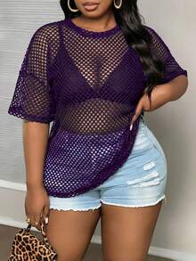 Slaydiva Kaos Ukuran Besar Gaya Jalanan Kasual Hitam Transparan Lengan Pendek Longgar Leher Bulat Panjang Reguler, Cocok untuk Musim Semi dan Gugur - Purple - View 4