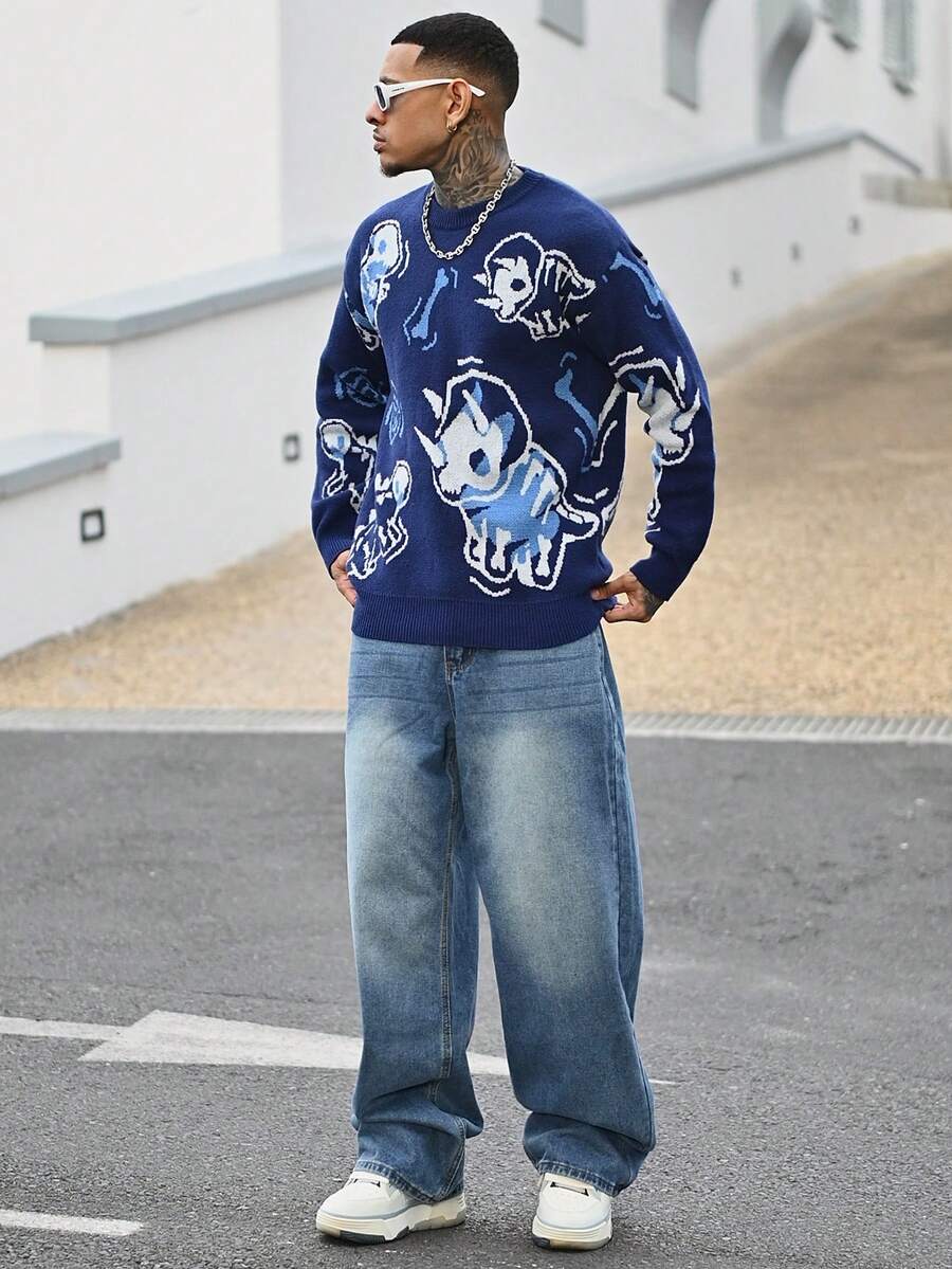 Devon Thys ANDREILEE 男士休闲恐龙印花圆领宽松套头毛衣，百搭街头风，适合春、秋、冬三季穿着。 - 藏蓝色 - 查看 1