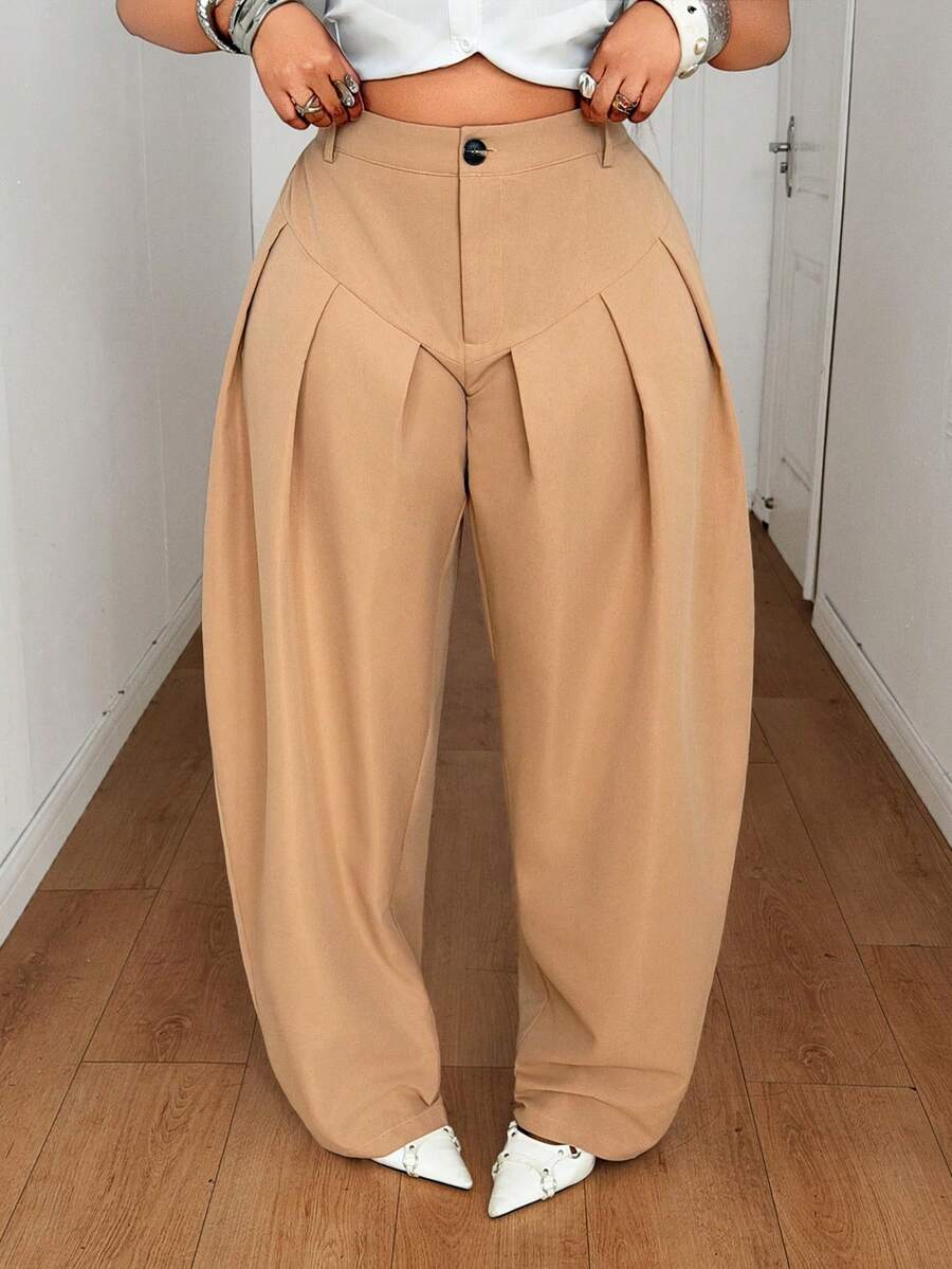 Maweii Plus Size Casual/Business Wide Leg Suit Pants - Khaki - View 1