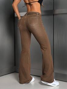 SHEIN Tall 女士休闲腰带复古喇叭牛仔裤 - 棕色 - 查看 2