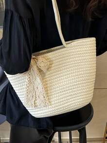 1个装草编水桶包 女士夏季大容量手工藤编单肩手提包 适合海滩度假 波西米亚风手提包 节日约会 休闲时尚 - 多色 - 查看 2