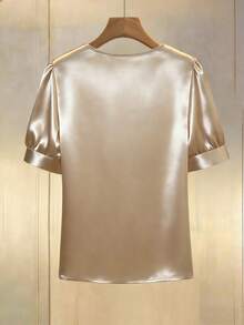 Lyxana Women's Solid Color Faux Pearl Decor Asymmetric Collar Puff Sleeve Elegant Blouse - Apricot - View 2