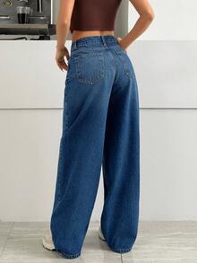 SHEIN LOW WAIST WIDELEG DARK BLUE WASH STREET WEAR JEAN CASUAL - Dark Wash - View 2