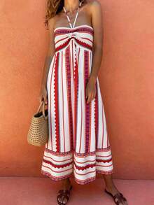 Vaclyn Women's Casual Geometric Print Halter Neck Vacation Dress - Red - View 3