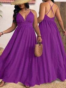 Breezaya Đầm mùa hè cỡ lớn dành cho nữ, dây mảnh, có họa tiết, thắt lưng, thích hợp cho kỳ nghỉ đi biển. - Màu đỏ tím - Xem 1