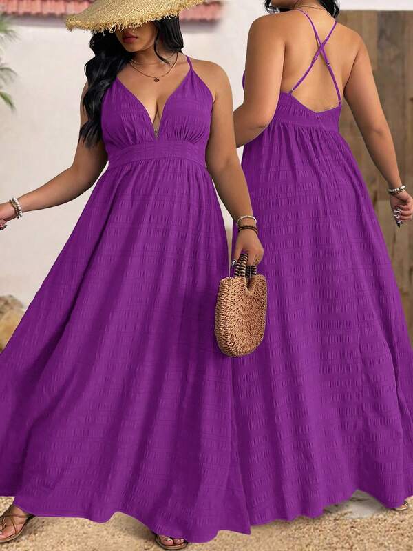 Breezaya Plus Size Women Summer Spaghetti Strap Textured Belt Beach Vacation Dress