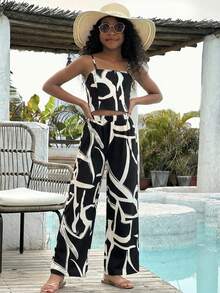SHEIN Tween Girl Casual Printed Camisole Set, Tween Girl - Black - View 4