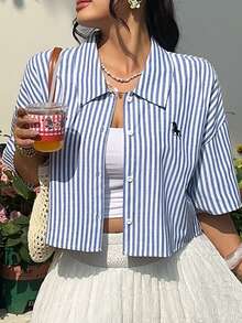 大码休闲条纹前开襟短袖衬衫，商务休闲女式上衣，女士流行穿搭衬衫，女士休闲上衣，夏季休闲时尚外套 - 藍白色 - 查看 7