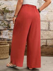 EMERY ROSE Plus Size Women's Woven Regular Spring/Summer Casual Comfortable Minimalist Embroidered Hem Side Button Rust Brown Wide Leg Pants - Rust Brown - View 2