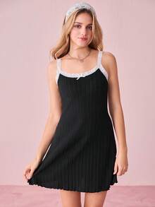 Bonmuse 舒适罗纹针织蕾丝边吊带迷你睡裙 - 黑色 - 查看 3