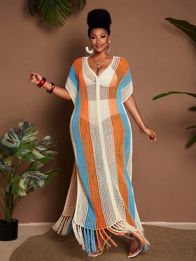 Maweii Plus Size Women's Sweater Sweater Dress, Women's Knitted Dress, Deep V-Neck, Multi-Color, Orange, Blue, White, Long Dress, Spring And Summer, Cutout, Tassels, Design Sense, Vacation,Sexy,Party,