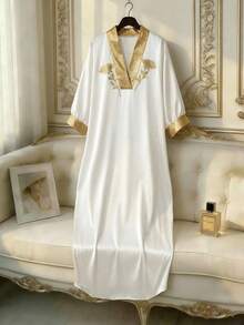 Franclia Vestido longo feminino estilo Oriente Médio, solto, com bordado em cores contrastantes, para primavera/verão. - Branco - Ver 1