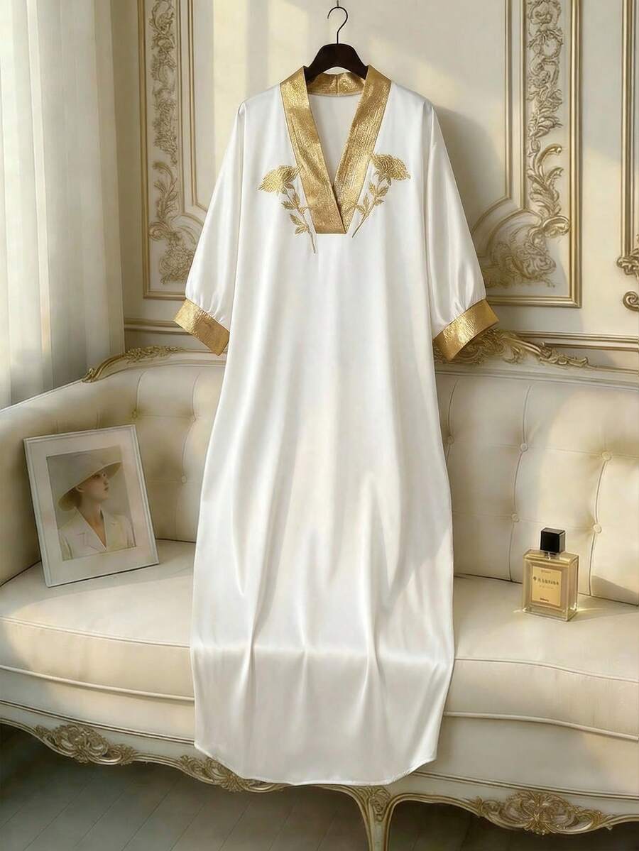 Franclia Vestido longo feminino estilo Oriente Médio, solto, com bordado em cores contrastantes, para primavera/verão. - Branco - Ver 1