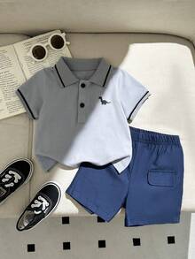 SHEIN Souflis 男婴恐龙印花短袖Polo衫和短裤休闲套装 - 淺灰色 - 查看 10