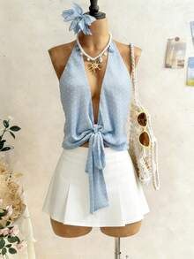 Roelina Top halter con cuello en V y lazo delantero, ligero para vacaciones - Azul - Ver 1