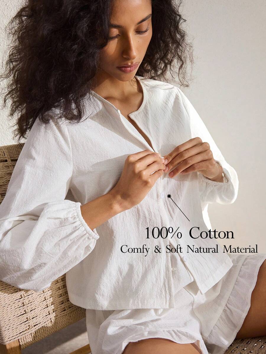 Ocili 女士舒适纯色休闲睡衣套装，上衣和短裤 - 白色 - 查看 1