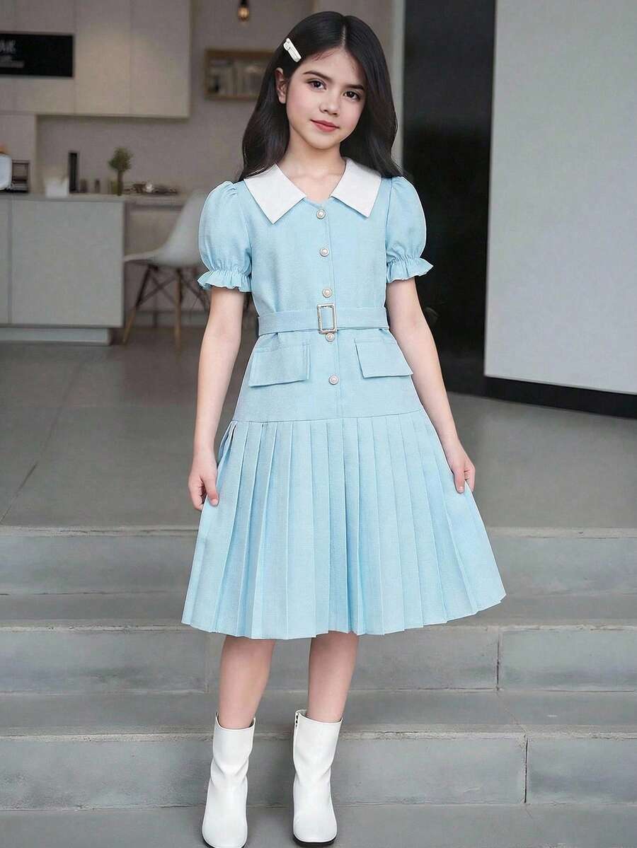 SHEIN Girls Back To School Summer Elegant Pleated Dress Tween Textured Fabric Hem Midi Length Flowy Fabric - Blue - View 1