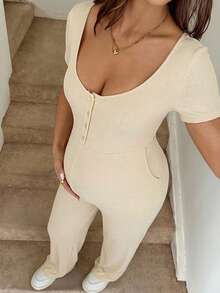 SHEIN Pregnant Women's Plain Color Patchwork Front Button Tie Waist Casual Jumpsuit - Apricot - View 5