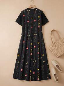 Rusticease Váy đi nghỉ họa tiết hoa thường ngày cổ chữ V dành cho nữ - màu đen - Xem 2