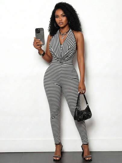 SHEIN BamGlam Women's Sexy Striped Halter Backless Jumpsuit, Summer