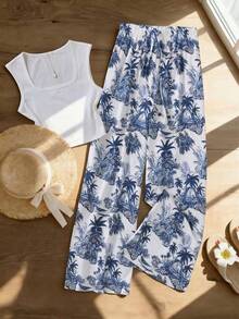 GlowEve Pantalones rectos de cintura alta con cordón, estampado de plantas, informales y cómodos para vacaciones - Azul y blanco - Ver 3