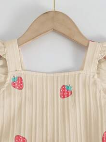 Elladie kids 1件少女白色無袖櫻桃印花連身褲，吊帶荷葉袖，紅色夏季家庭度假穿搭，可愛清新寬鬆日常穿著 - 卡其色 - 查看 5