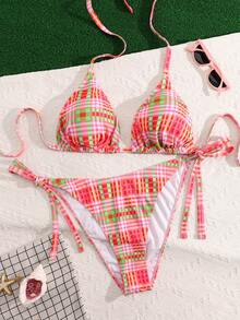 Swim Mod 加大码粉绿格子露背比基尼套装，系带三角罩杯性感泳装，欧美度假风 - 粉色 - 查看 1