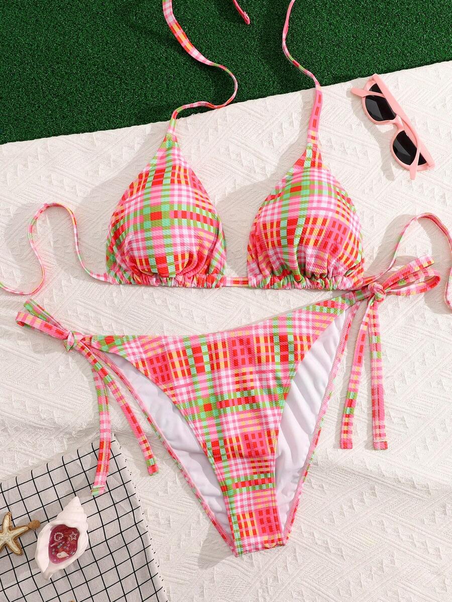 Swim Mod 加大码粉绿格子露背比基尼套装，系带三角罩杯性感泳装，欧美度假风 - 粉色 - 查看 1