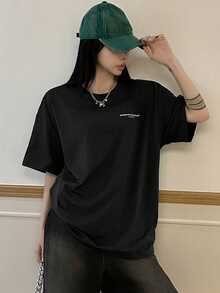 DAZY 女款休閒標語印花T恤，夏季校園風 - 黑色 - 查看 3
