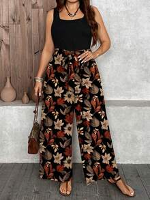 SHEIN LUNE Vacation Retro Printed Casual Minimalist Leopard Pattern Loose Plus Size Jumpsuit, Suitable For Spring & Summer - Multicolor - View 1