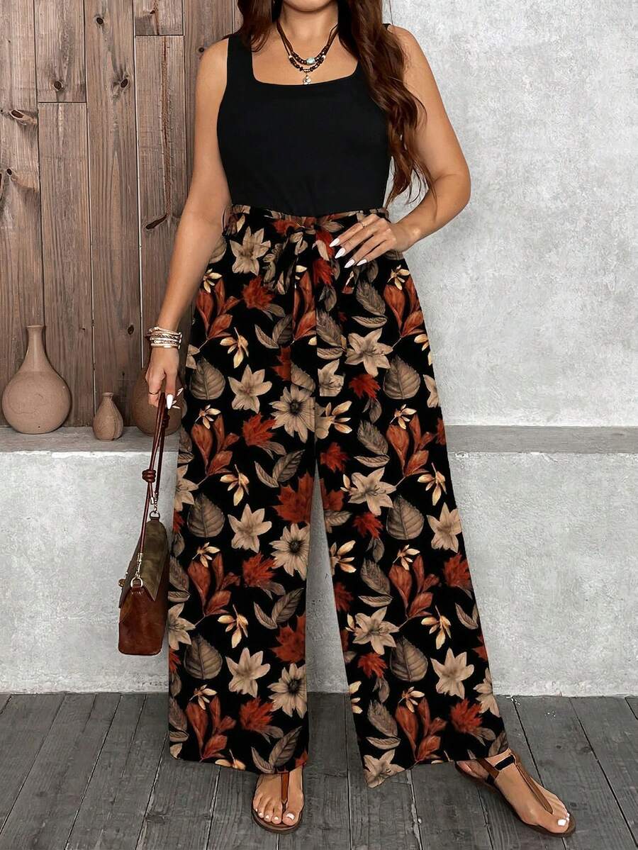 SHEIN LUNE Vacation Retro Printed Casual Minimalist Leopard Pattern Loose Plus Size Jumpsuit, Suitable For Spring & Summer - Multicolor - View 1