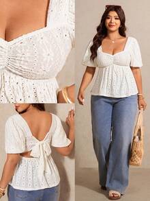 Elaquor 大码女式提花打结露背休闲百搭日常短袖T恤 - 米色 - 查看 6