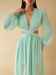 Silquee Women's V-Neck Long Lantern Sleeve High Slit Chiffon Dress, Spring/Summer - Mint Blue - View 4