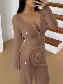 SHEIN EZwear 咖啡棕色针织上衣和裤子女士休闲日常装 - 咖啡棕 - 查看 7