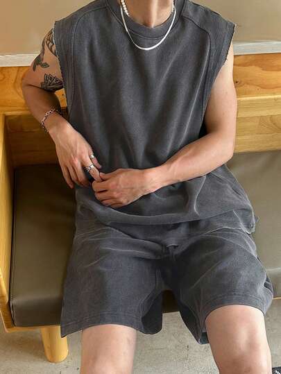 DAZY 男士纯色圆领上衣和短裤休闲日常穿搭