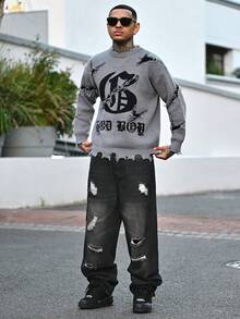 Devon Thys Suéter holgado de cuello redondo con mangas raglán, estilo casual de calle gótico, con patrón de letras intarsia, unisex, para otoño/invierno, de la marca ANDREILEE - Gris - Ver 1