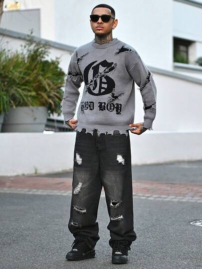 Devon Thys ANDREILEE Autumn/Winter Unisex Gothic Street Style Letter Intarsia Pattern Casual Loose Fit Crew Neck Raglan Sleeve Pullover Sweater