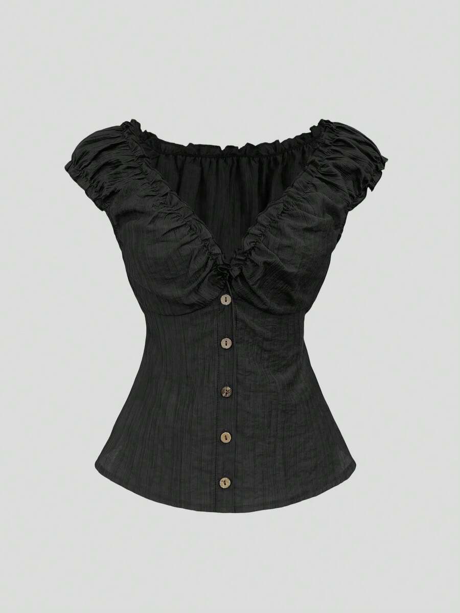 Sweetra Áo sơ mi nữ tay ngắn kiểu Pháp cổ điển kẻ sọc dọc, phối bèo nhún, khuy gỗ, tay áo cánh hoa, thích hợp cho mùa xuân/hè mặc thường ngày và hẹn hò. - màu đen - Xem 1