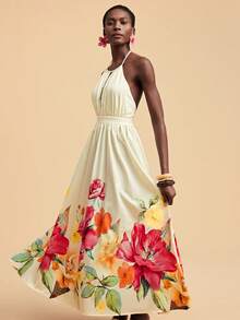 Travachic 女士碎花束腰露背无袖连衣裙，适合春夏度假 - 杏色 - 查看 6