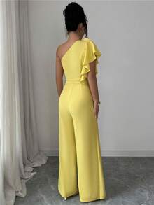 GlowEve 春夏不对称荷叶边无袖连体裤，浅黄色，收腰设计，优雅花卉装饰，别致法式度假风女装，单肩连体裤，黄色优雅连体裤，黄色连体裤，女士黄色阔腿连体裤，女士连体裤，菲律宾风情花卉细节连体裤，女士正式连体裤，女士黄色连体裤 - 黃色 - 查看 2