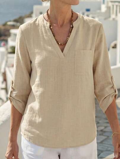 EMERY ROSE Camisa Feminina com Decote Chanfrado Estampada, Manga 3/4, Camisa de Trabalho para Primavera