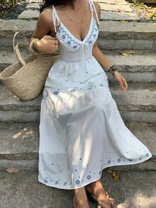 SHEIN SunnyBelle Đầm không tay cổ chữ V in họa tiết xanh trắng, phong cách thường ngày dành cho nữ, thích hợp cho kỳ nghỉ xuân/hè. - Xanh và trắng - Xem 1