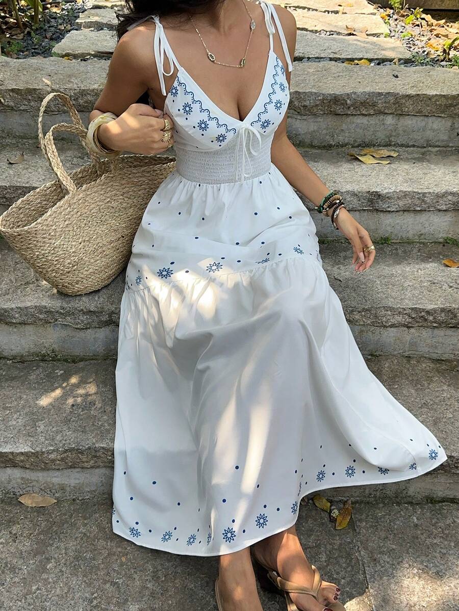 SHEIN SunnyBelle Đầm không tay cổ chữ V in họa tiết xanh trắng, phong cách thường ngày dành cho nữ, thích hợp cho kỳ nghỉ xuân/hè. - Xanh và trắng - Xem 1