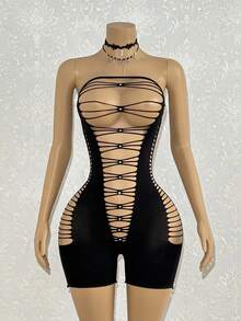 SHEIN Jeanoir Women's Sexy Striped Hollow Out Rhinestone Jumpsuit - Black - View 3