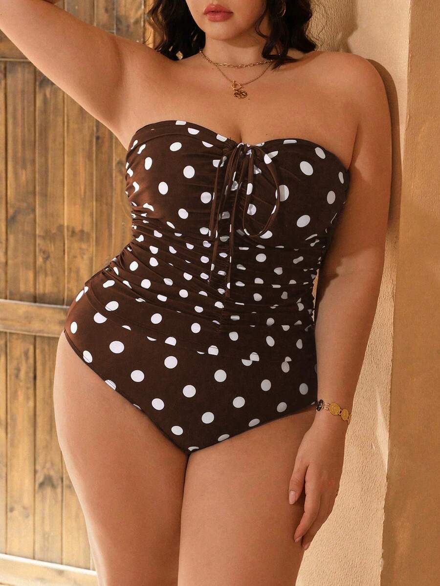 Swim Chiccia 加大码波点随机印花隧道式抽绳腰部褶皱前片比基尼泳衣,搭配波点随机印花三角比基尼泳裤,性感简约时尚沙滩度假女士吊带背心套装 - 咖啡棕 - 查看 1
