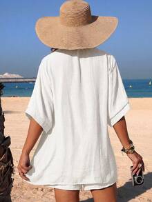 Swim Vcay 春夏优雅秋季新款一体式编织纯色椰树图案装饰短袖度假风女士泳装和服 - 白色 - 查看 3