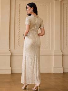 ZEYLAH ELEGANT SEQUIN EMBELLISHED LONG DRESS FOR WOMEN - Apricot - View 3